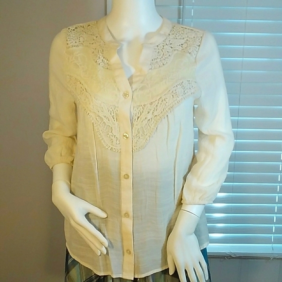Mine Anthropologie Cream Cotton Blend Rayon Lace 3/4 Sleeves Blouse Size S - Picture 1 of 13